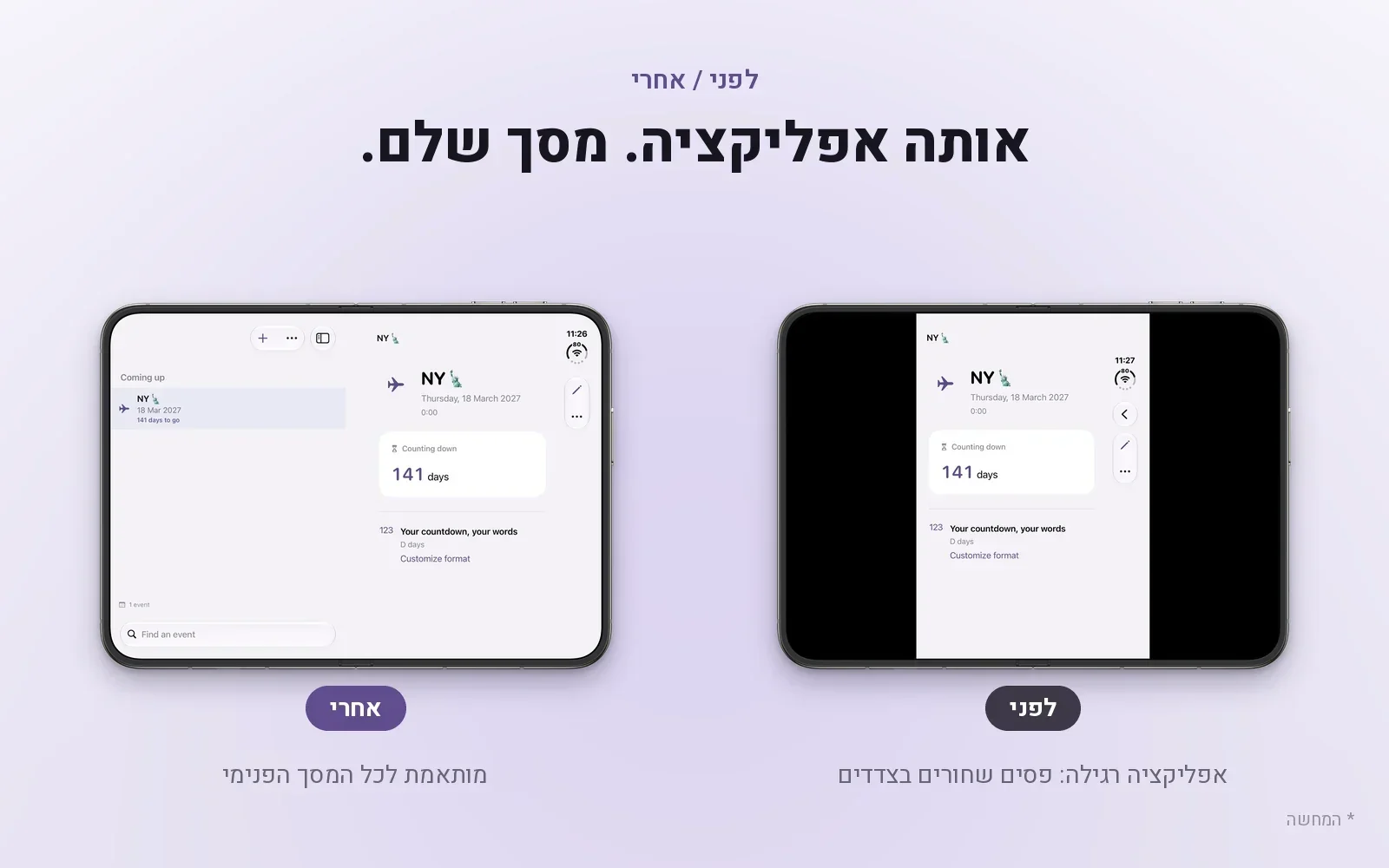 לפני ואחרי: אפליקציה רגילה מול פריסה מותאמת (הדמיה)